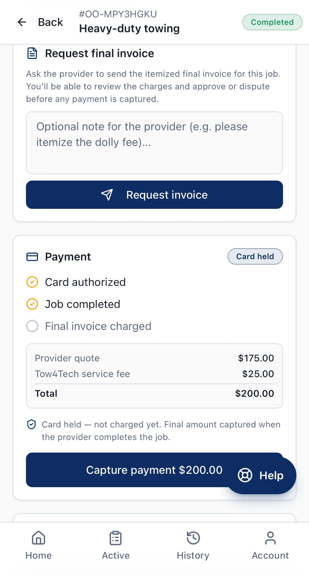Job log and receipt history in the Owner Operator app