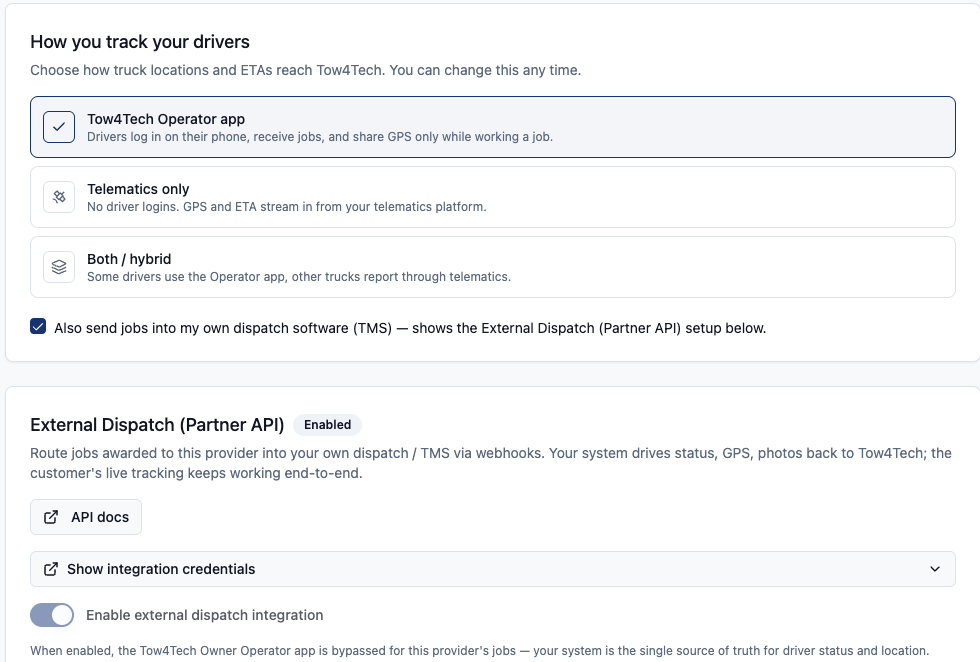 Dispatch API and integration settings connecting a vendor app or TMS