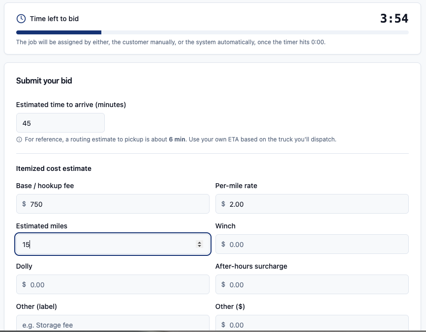 Entering an ETA and itemized cost estimate on a Dispatch job